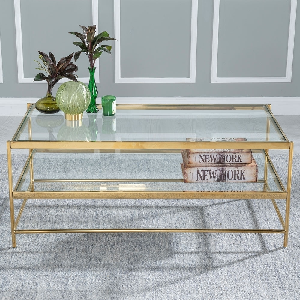 Clearance - Baker Gold and Glass Coffee Table, Square Top with Golden Antique Finish Metal Shelf - image 1