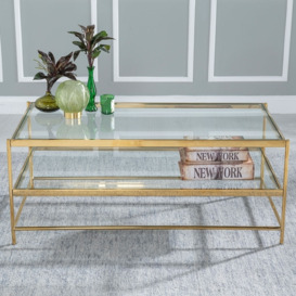 Clearance - Baker Gold and Glass Coffee Table, Square Top with Golden Antique Finish Metal Shelf - thumbnail 1