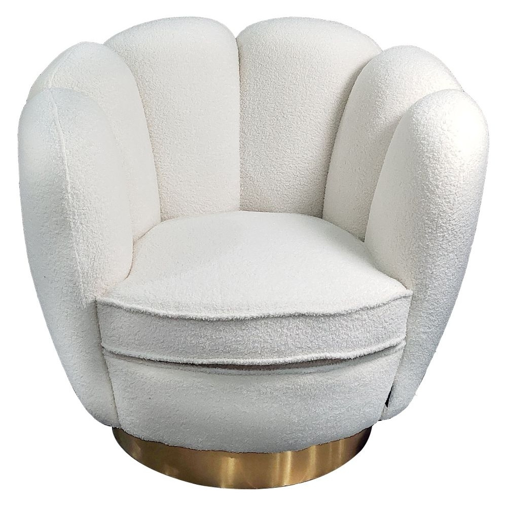 Clearance - Sylvie Teddy White Swivel Accent Chair, Boucle Fabric with Round Brass Base
