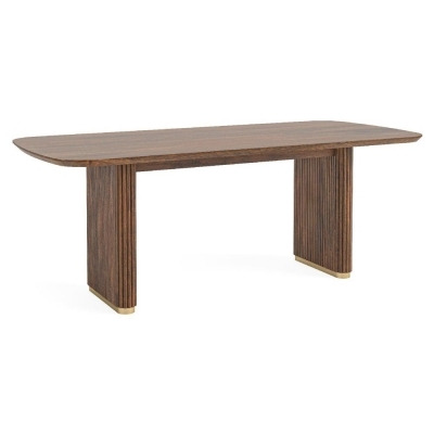 Piano Walnut Fluted Wood Double Pedestal Curved Dining Table, 200cm Dia Seats 8 Diners, Made of Mango Wood Ribbed Base - image 1