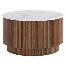 Piano Walnut Fluted Wood and Marble Top Round Coffee Table with 1 Door Storage, Made of Mango Wood Ribbed Drum Base and White Marble Top - thumbnail 1