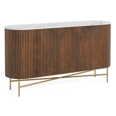 Harvard Walnut Fluted Wood and Marble Top Large Curved Large Sideboard with 2 Doors, Made of Mango Wood Ribbed Base and White Marble Top - image 1