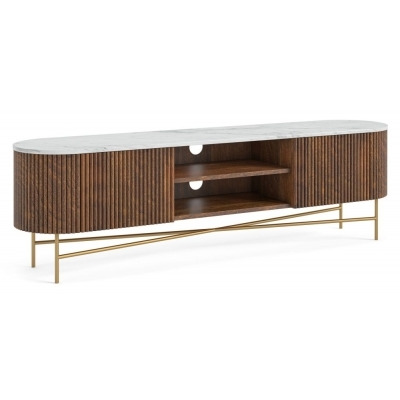 Piano Walnut Fluted Wood and Marble Top Extra Large Curved TV Unit, 180cm Wide for Television Upto 65in Plasma, Made of Mango Wood Ribbed Base and White Marble Top - image 1