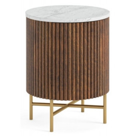 Piano Walnut Fluted Wood and Marble Top Round Bedside Table with 1 Door, Made of Mango Wood Ribbed and White Marble Top