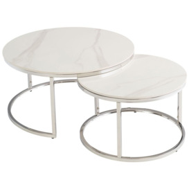 Hanson Set of 2 Round Coffee Table - Italy White Sintered Stone Top with Chrome Base