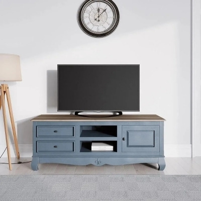 Clearance - Fleur French Style TV Unit, Stiffkey Blue Painted Solid Mango Wood, Large Cabinet 135cm, Stand Upto 50in Plasma - image 1