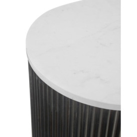 Piano Black Fluted Wood and Marble Top Round Bedside Table with 1 Door, Made of Mango Wood Ribbed and White Marble Top - thumbnail 3