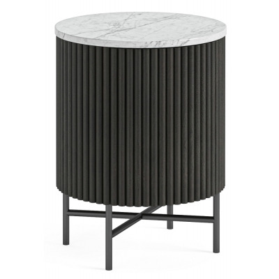 Piano Black Fluted Wood and Marble Top Round Bedside Table with 1 Door, Made of Mango Wood Ribbed and White Marble Top - image 1
