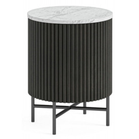 Piano Black Fluted Wood and Marble Top Round Bedside Table with 1 Door, Made of Mango Wood Ribbed and White Marble Top