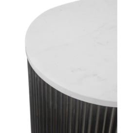 Lucas Black Fluted Wood and Marble Top Round Side Table with 1 Door, Made of Mango Wood Ribbed Drum Base and White Marble Top - thumbnail 2