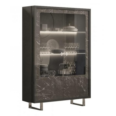 Carvelle Glossy Grey Marble Effect 2 Door Italian Display Cabinet with LED Light - image 1
