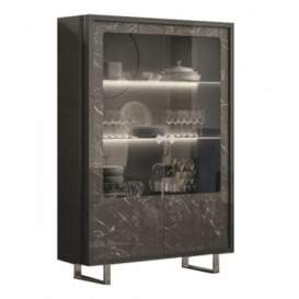 Carvelle Glossy Grey Marble Effect 2 Door Italian Display Cabinet with LED Light - thumbnail 1