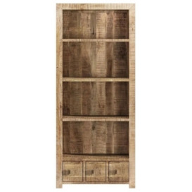Dakota Mango Wood Narrow Bookshelf, Indian Light Natural Rustic Finish, 1 Drawer Bottom Storage Shelving Unit - Open Display Unit - thumbnail 1