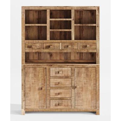 Dakota Mango Wood Buffet Hutch, Indian Light Natural Rustic Finish, Large Kitchen Display Cabinet - Dresser Unit