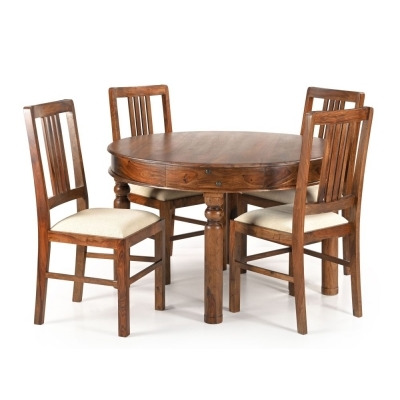 Maharani Sheesham Dining Table Set for 4 Diners 120cm Round Indian Wood Top with 4 Legs - 4 Slatted Back Chairs