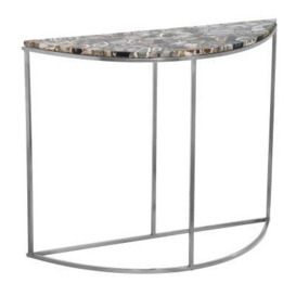 Agate Natural Stone Half Moon Console Table with Silver Chrome Metal Frame