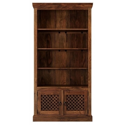 Maharani Sheesham Bookcase, Indian Wood, Lattice Jali Design - Tall 4 Book Shelf with Bottom Storage Cupboard - image 1