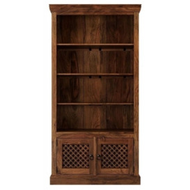 Maharani Sheesham Bookcase, Indian Wood, Lattice Jali Design - Tall 4 Book Shelf with Bottom Storage Cupboard - thumbnail 1