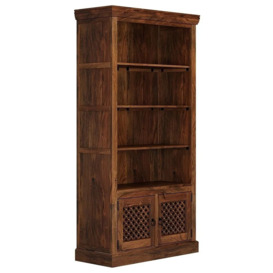 Maharani Sheesham Bookcase, Indian Wood, Lattice Jali Design - Tall 4 Book Shelf with Bottom Storage Cupboard - thumbnail 2