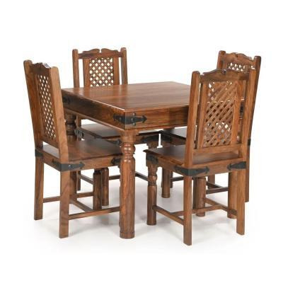 Maharani Sheesham Dining Table Set for 4 Diners 90cm Square Indian Wood Top with 4 Turned Legs - 4 Chairs