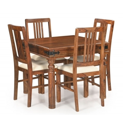 Maharani Sheesham Dining Table Set for 4 Diners 90cm Square Indian Wood Top with 4 Legs - 4 Slatted Back Chairs