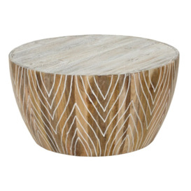 Clearance - Sahara Carved Drum Coffee Table in White Washed Finished Mango Wood - thumbnail 3