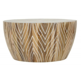 Clearance - Sahara Carved Drum Coffee Table in White Washed Finished Mango Wood - thumbnail 1