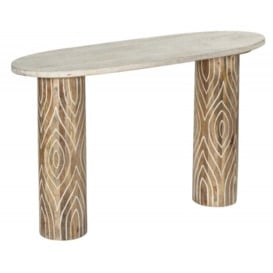 Clearance - Sahara Carved Pedestal Console Table in White Washed Finished Mango Wood - thumbnail 1