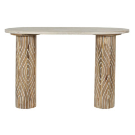 Sahara Carved Pedestal Console Table in White Washed Finished Mango Wood