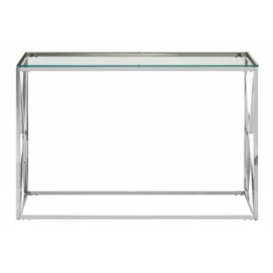 Kelley Glass Top and Silver Cross Base Console Table
