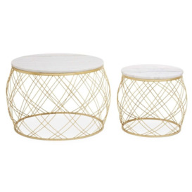 Jordan White Marble Top Round Side Tables with Geometric Gold Frame (Set of 2) - thumbnail 3