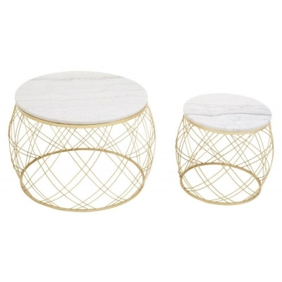Jordan White Marble Top Round Side Tables with Geometric Gold Frame (Set of 2) - image 1