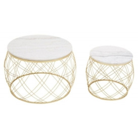 Jordan White Marble Top Round Side Tables with Geometric Gold Frame (Set of 2)