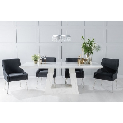 Milan Marble Dining Table Set, Rectangular White Top and Triangular Pedestal Base with Giovanni Black Fabric Chairs