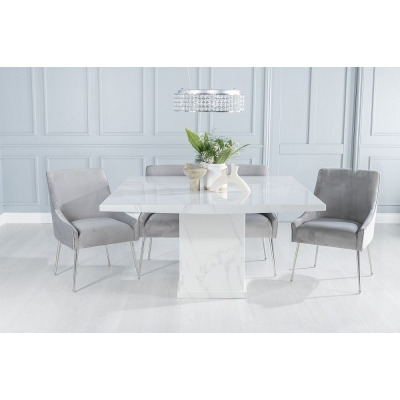 Turin Marble Dining Table, Square White Top and Pedestal Base with Giovanni Light Grey Fabric Chairs