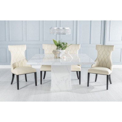 Turin Marble Dining Table, Square White Top and Pedestal Base with Mimi Cream Faux Leather Chairs