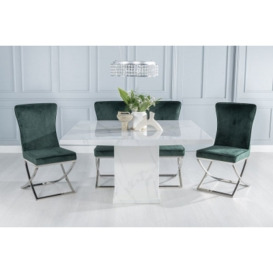Turin Marble Dining Table, Square White Top and Pedestal Base with Lyon Green Fabric Chairs