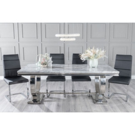 Glacier Marble Dining Table Set, Rectangular Grey Top and Ring Chrome Base with Arabella Black Faux Leather Chairs