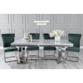 Glacier Marble Dining Table Set, Rectangular Grey Top and Ring Chrome Base with Lyon Green Fabric Chairs