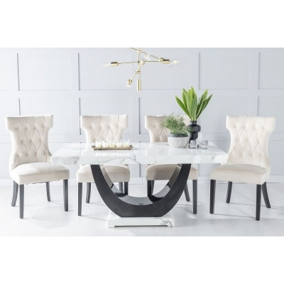 Madrid Marble Dining Table Set, White Top and Black Gloss U - Shaped Pedestal Base with Courtney Champagne Fabric Chairs