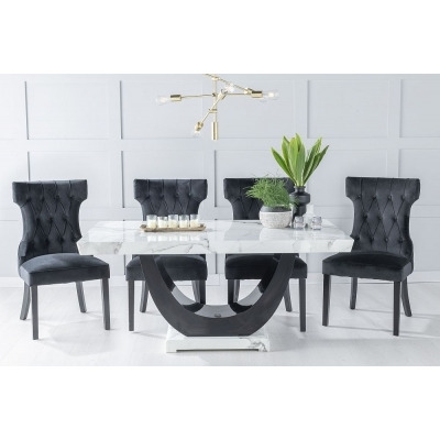Madrid Marble Dining Table Set, White Top and Black Gloss U - Shaped Pedestal Base with Courtney Black Fabric Chairs