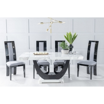 Madrid Marble Dining Table Set, White Top and Black Gloss U - Shaped Pedestal Base with Alpine Black High Gloss and Grey Fabric Chairs
