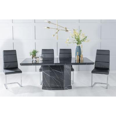 Naples Marble Dining Table Set, Rectangular Black Top and Pedestal Base with Arabella Black Faux Leather Chairs
