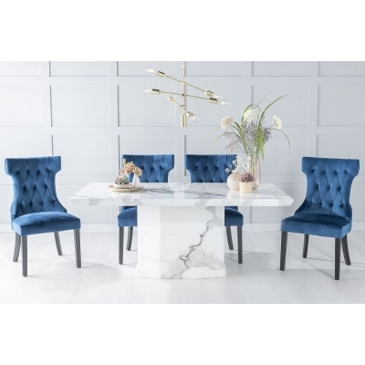 Naples Marble Dining Table Set, Rectangular White Top and Pedestal Base with Courtney Blue Fabric Chairs