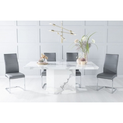 Naples Marble Dining Table Set, Rectangular White Top and Pedestal Base with Malibu Dark Grey Faux Leather Chairs