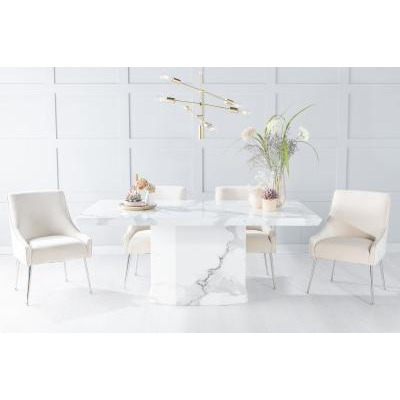 Naples Marble Dining Table Set, Rectangular White Top and Pedestal Base with Giovanni Champagne Fabric Chairs