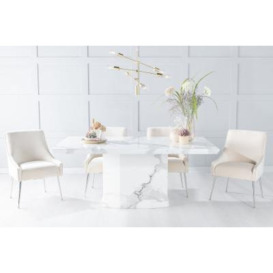 Naples Marble Dining Table Set, Rectangular White Top and Pedestal Base with Giovanni Champagne Fabric Chairs