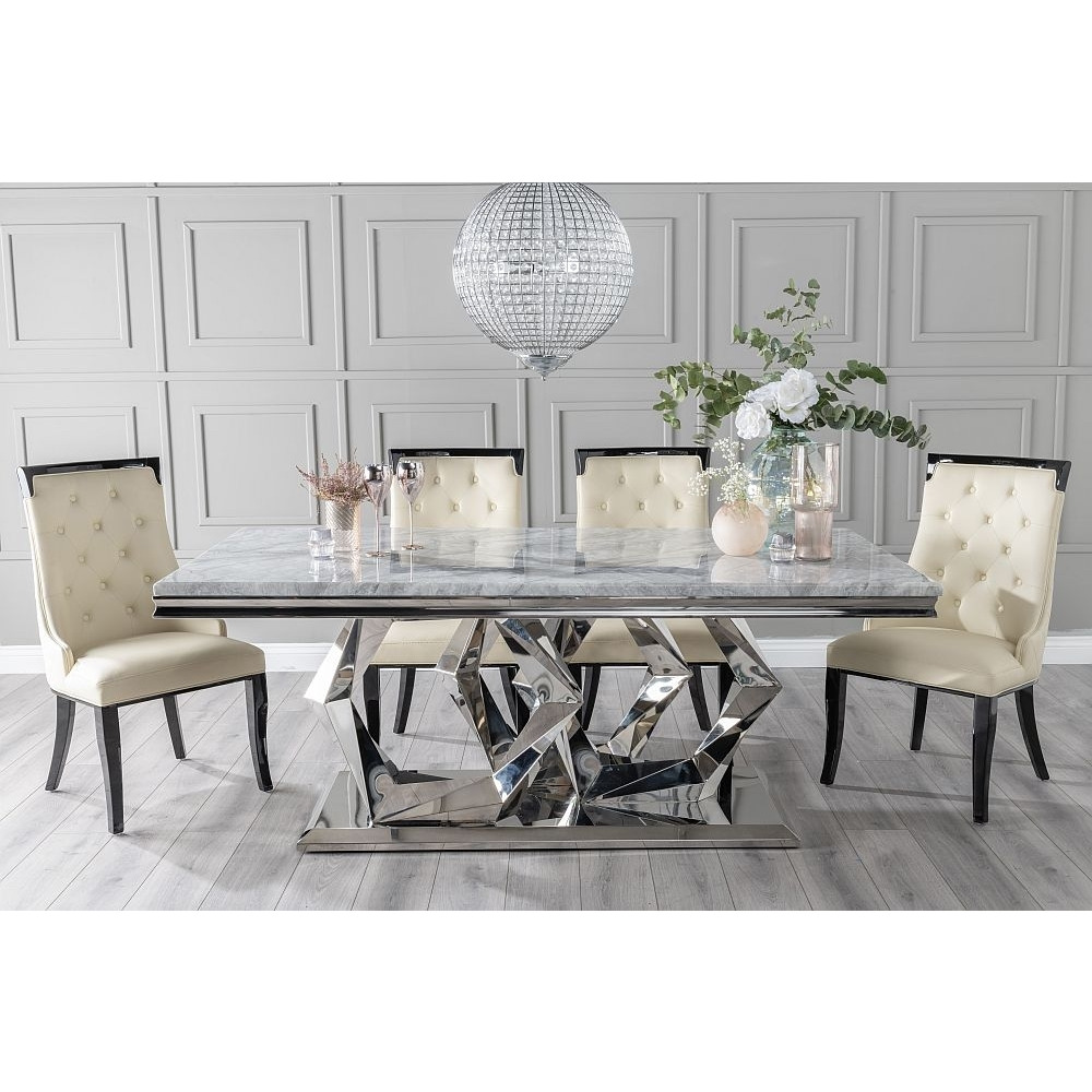 Hexa Marble Dining Table Set, Rectangular Grey Top and Steel Chrome Base with Carmela Cream Faux Leather Chairs