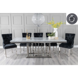 Vortex Marble Dining Table Set, Rectangular Grey Top and Steel Chrome Base with Black Fabric Knockerback Chairs with Chrome Legs