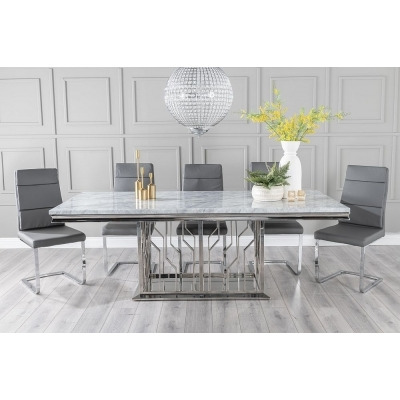 Vortex Marble Dining Table Set, Rectangular Grey Top and Steel Chrome Base with Arabella Dark Grey Faux Leather Chairs